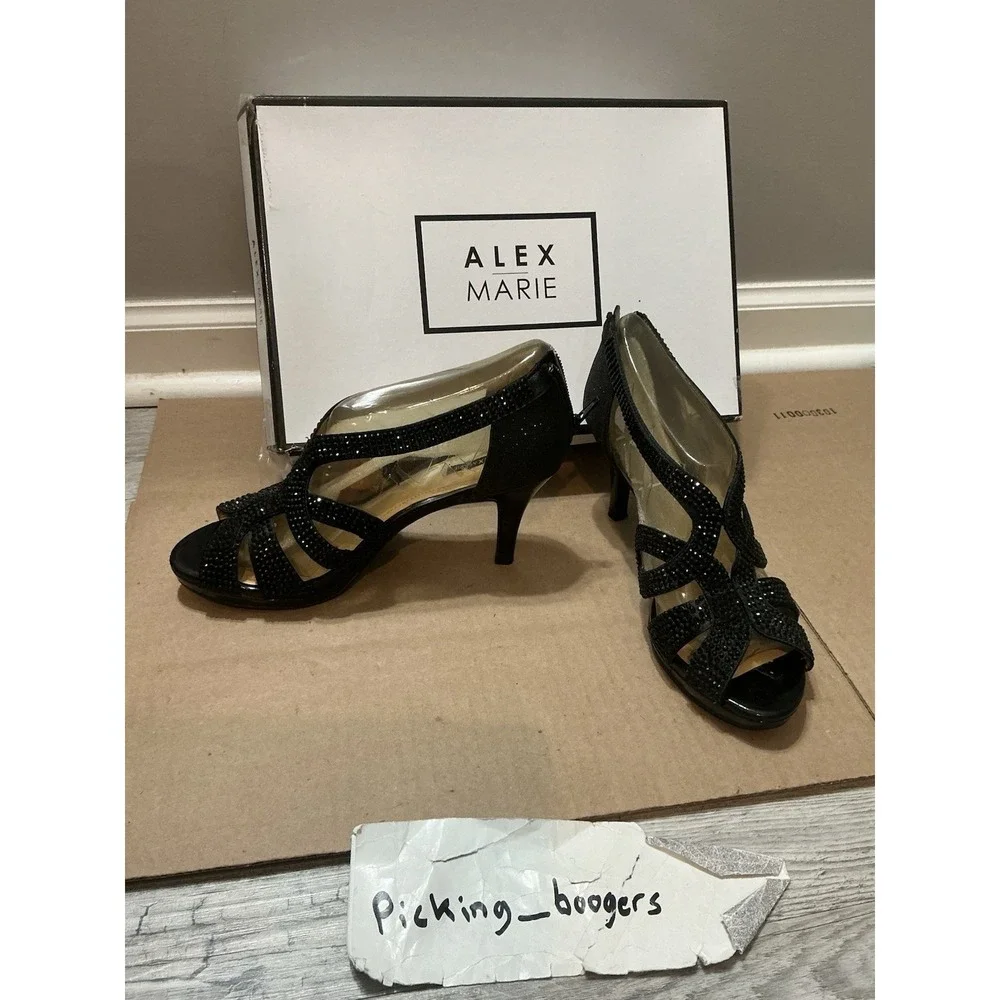Alex Marie Black Rhinestone Heels Women's Size 7.5  M Shoes Zip Back Peep Toe